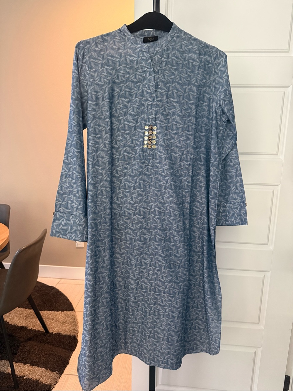 Light Blue Printed Long Sleeve Dress
